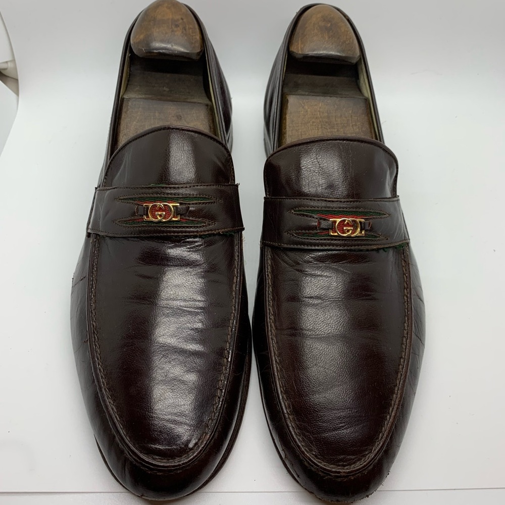 Gucci Vintage Mens Brown GG Leather Loafer w/ Red and Green Stripe - 44.5.